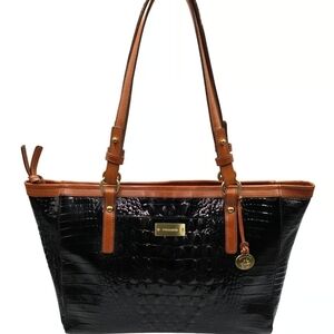 Brahmin Black and Tan Croc-Embossed Tote